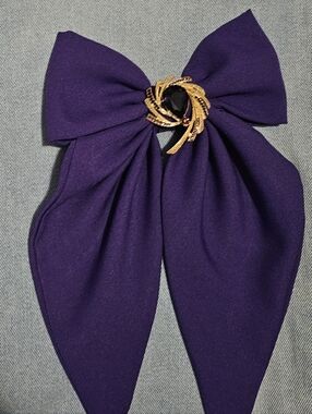 Purple Fabric Bow/Tie with Brooch with Gold-tone and Deep Purple Stone